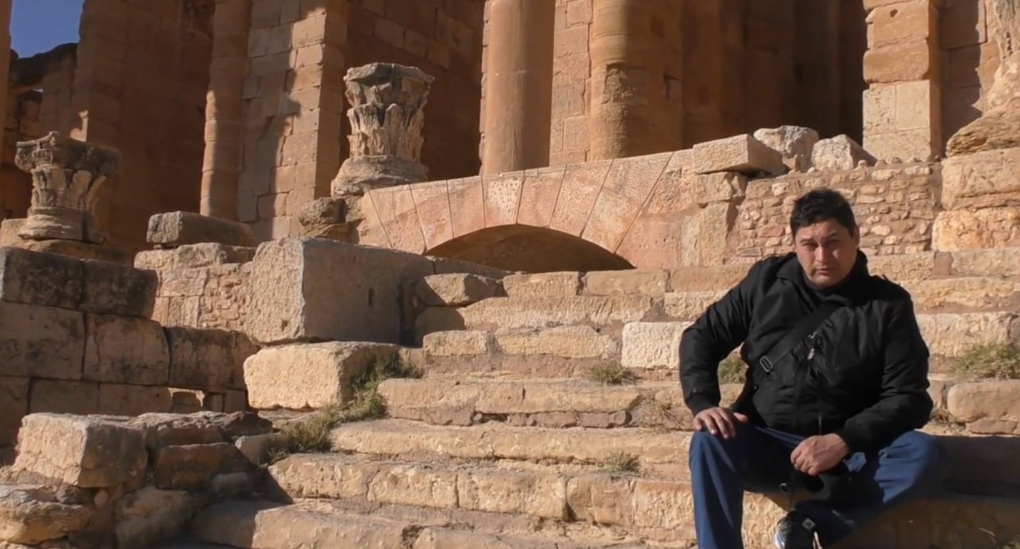 Aleksei Meniailov’s follower at the ruins of the temple of Hera in the ancient city of Suffetula during a joint trip with the writer